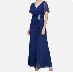 ALEX EVENINGS Beautiful Royal Navy Blue Crystals Ruched Detail Dress Gown 14 NWT